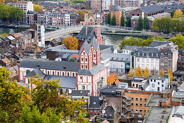 Liege Cityscape, belgium An aerial view on the city of Liege in the Wallonia region of Belgium with Saint Bartholomew church and Curtius Museum liege belgium stock pictures, royalty-free photos & images