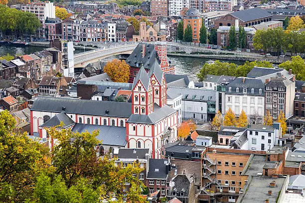 An aerial view on the city of Liege in the Wallonia region of Belgium with Saint Bartholomew church and Curtius Museum