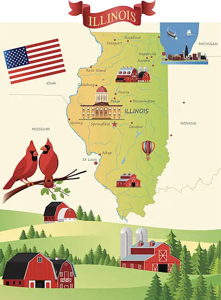 Vector illustration of Cartoon map of Illinois