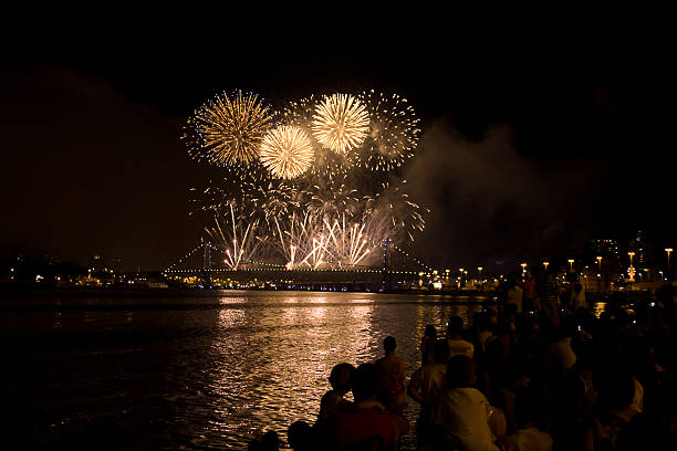 New Year Bridge Fireworks Florianópilis, Bridge people holydays looking fireworks celebration. southern brazil photos stock pictures, royalty-free photos & images