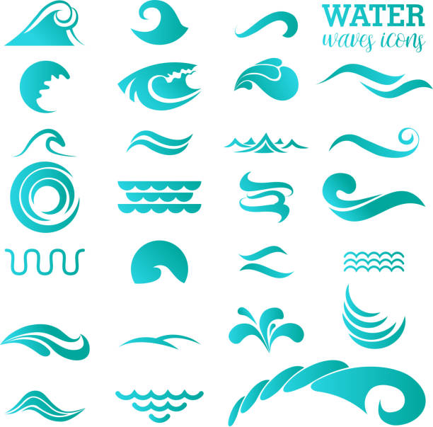 ilustraciones, imágenes clip art, dibujos animados e iconos de stock de conjunto de iconos de agua. ilustración vectorial - water wave sea tranquil scene