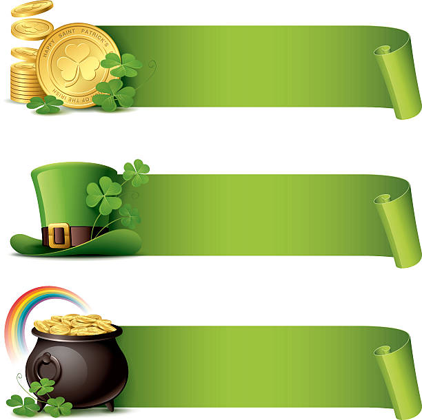 ilustraciones, imágenes clip art, dibujos animados e iconos de stock de st patrick's day banners set flexión de papel - leprechauns