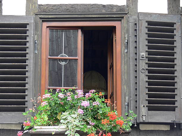 blumenfenster - klappläden imagens e fotografias de stock