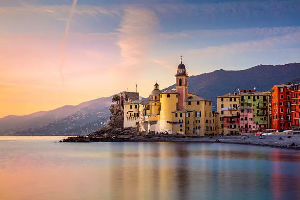 Beautiful Small Mediterranean Town at the sunrise time - Camogli, Italy, European travel
