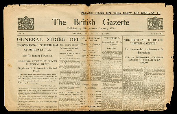 Final edition of The British Gazette 13 May 1926 London, England - January 11, 2016: Part of the front page of “The British Gazette” dated May 13th 1926, a newspaper published by His Majesty’s Stationary Office, a department of the British Government responsible for printed information, during the period of the General Strike. This was its final edition and it ran from 5th May - 13th May 1926 inclusive, comprising eight editions in total. It was a patriotic paper, very condemnatory of the strikers and a means of government propaganda, with a circulation of more than two million. (Image scanned 30 December 2015 and processed 11 January 2016.) 1926 stock pictures, royalty-free photos & images