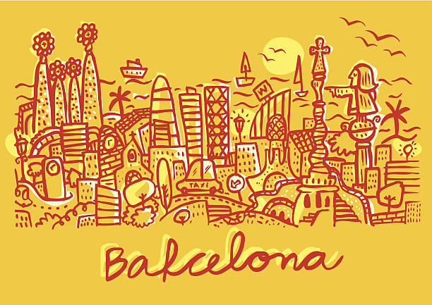 바르셀로나 스카이라인 - barcelona spain antonio gaudi sagrada familia stock illustrations