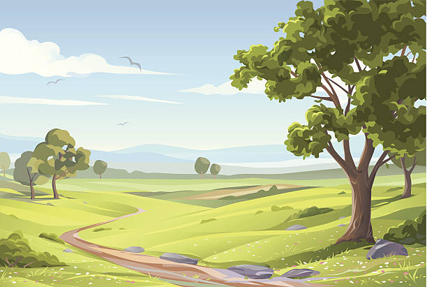 Idyllic Summer Landscape An idyllic landsapce with trees, green meadows, hilly fields and a blue sky with clouds. EPS 8, grouped and all labeled in layers. nature and landscapes stock illustrations