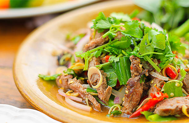 Spicy salad of roasted beef , Thai style food stock photo