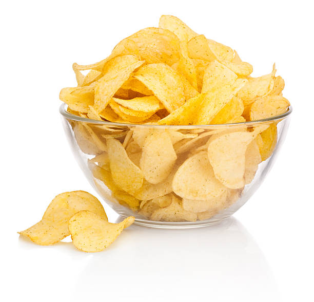 istock Potato chips in glass bowl isolated on white background 506241165