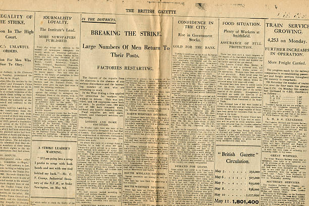 Section of The British Gazette 13 May 1926 London, England - January 11, 2016: Part of “The British Gazette” dated May 13th 1926, a newspaper published by His Majesty’s Stationary Office, a department of the British Government responsible for printed information, during the period of the General Strike. This was its final edition and it ran from 5th May - 13th May 1926 inclusive, comprising eight editions in total. It was a patriotic paper, very condemnatory of the strikers and a means of government propaganda, with a circulation of more than two million. (Image scanned 30 December 2015 and processed 11 January 2016.) 1926 stock pictures, royalty-free photos & images
