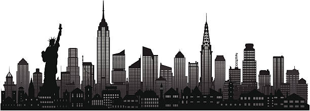 illustrazioni stock, clip art, cartoni animati e icone di tendenza di skyline di new york edifici mobile (completo) - new york city panoramic statue of liberty skyline
