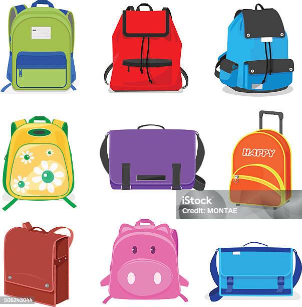 Set Of Kids School Bags Isolated Stock Illustration - Download Image Now - Backpack, Vector, Illustration