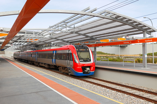 Adelaide, Australia - July 28, 2014: One of Adelaide Metro’s new Bombardier 4000 class A-City electric trains waits at the newly-opened Seaford Station terminal.  The South Australian government has electrified the 37km Seaford Line as part of its Rail Revitalisation program.
