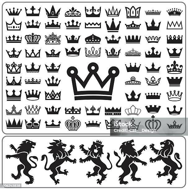 Set De Couronne Et Lion Rampant Blason Éléments De Design Collection Vecteurs libres de droits et plus d'images vectorielles de Couronne - Couvre-chef