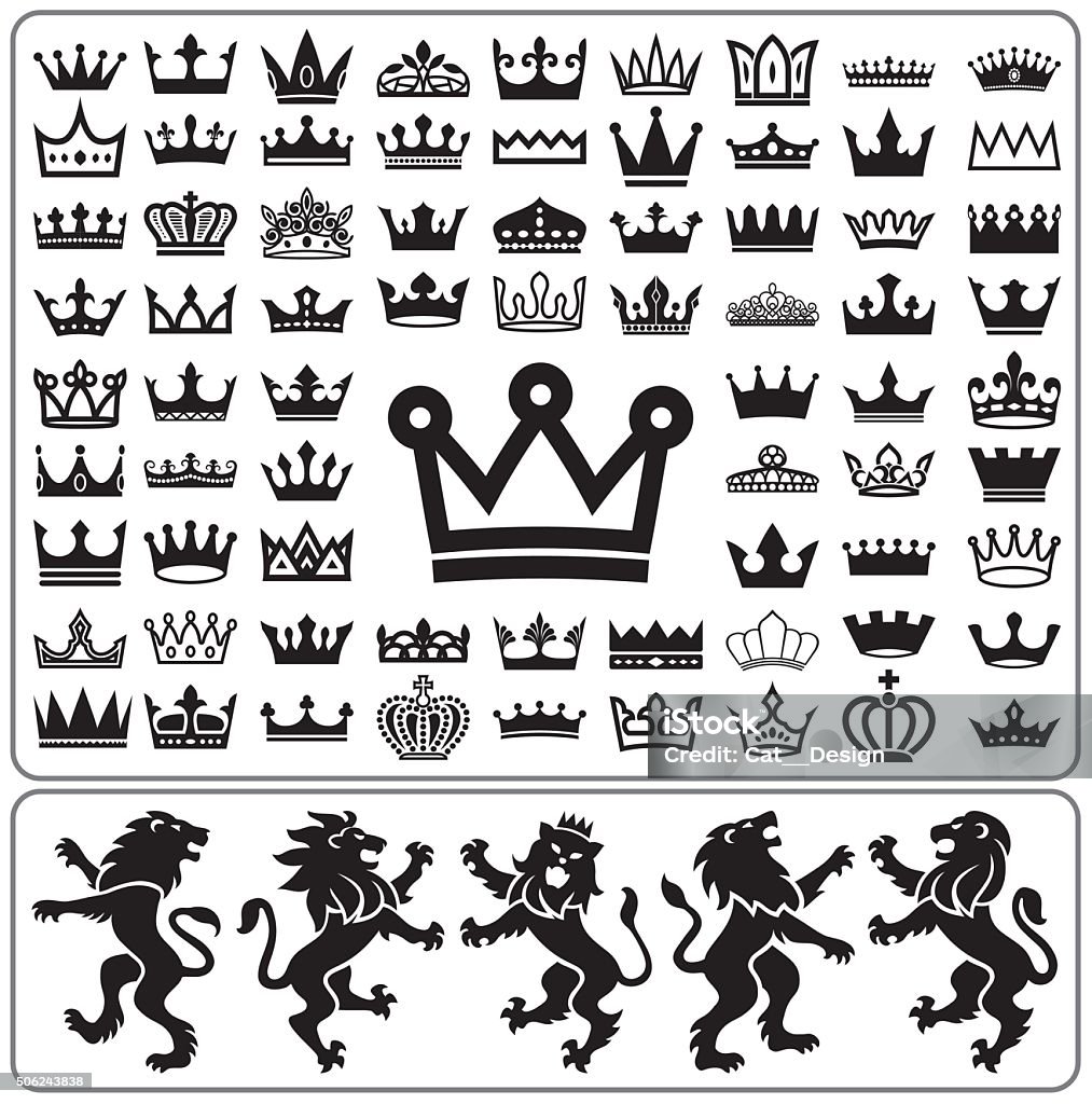 Set of crowns and lion rampant. Heraldry elements design collection. Set of crowns and lion rampant. Heraldry elements design collection. Vector illustration. Crown - Headwear stock vector