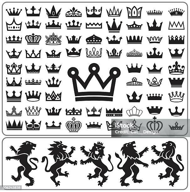 Set Of Crowns And Lion Rampant Heraldry Elements Design Collection Stock Illustration - Download Image Now