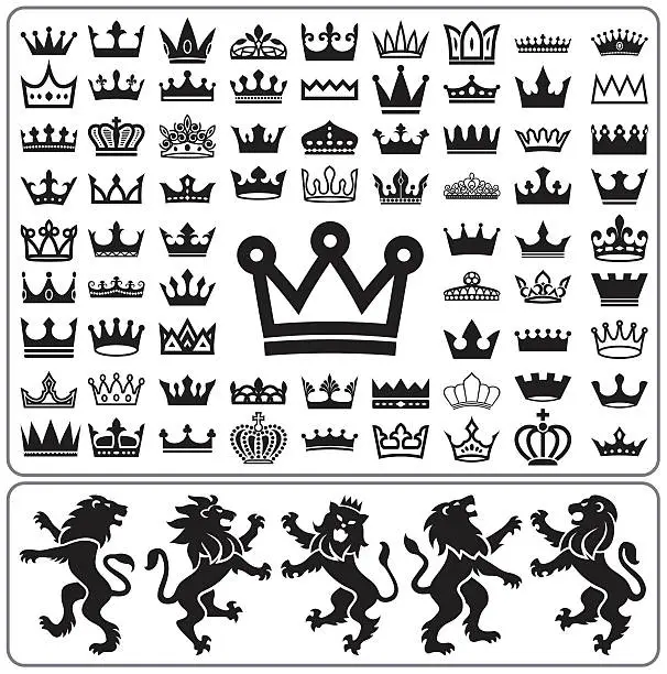 Vector illustration of Set of crowns and lion rampant. Heraldry elements design collection.