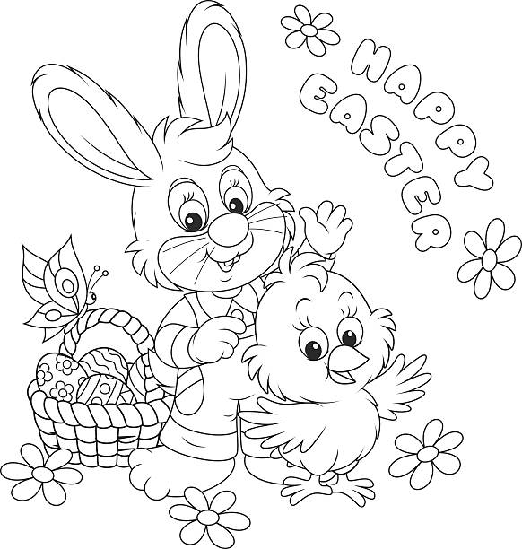 Easter Bunny and Chick Little rabbit and chicken saying Happy Easter and waving in greeting, a black and white vector illustration hare and leveret stock illustrations