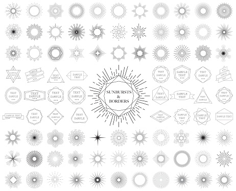 Sunbursts and borders collection. Vector illustration.