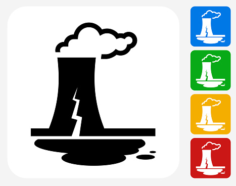 Nuclear Leak Icon. This 100% royalty free vector illustration features the main icon pictured in black inside a white square. The alternative color options in blue, green, yellow and red are on the right of the icon and are arranged in a vertical column.