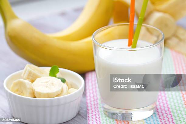 Banana Milk Shake In A Glass Stock Photo - Download Image Now - Banana, Blended Drink, Breakfast