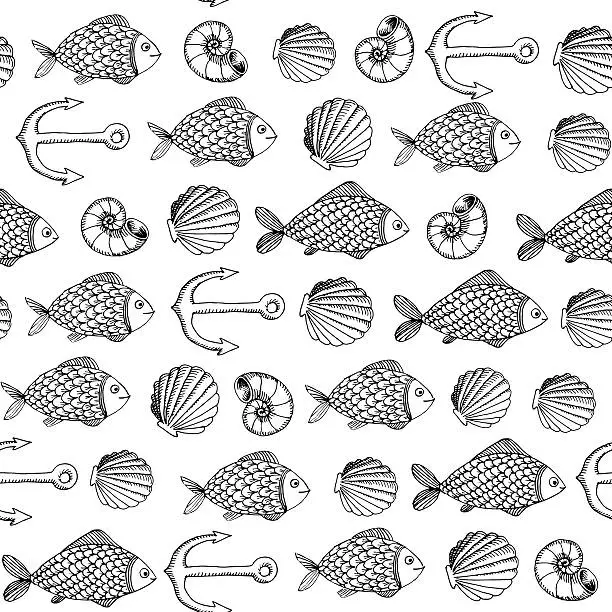 Vector illustration of fish and shell linear pattern