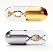 Golden and silver medical capsules with a DNA molecule structure