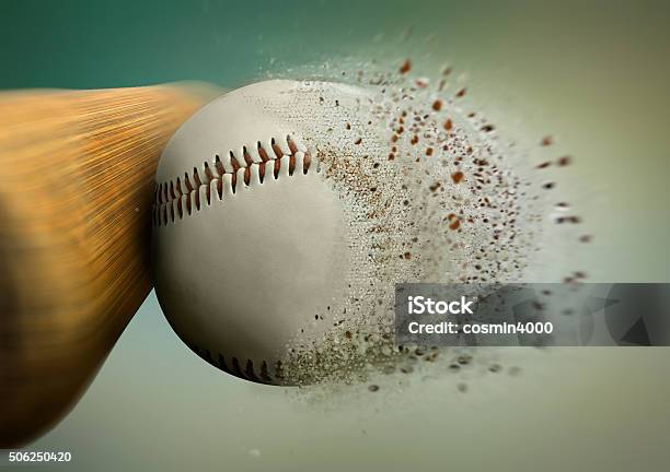 Baseball Hit With The Ball Disintegrating Stock Photo - Download Image Now - Baseball - Ball, Baseball - Sport, Hitting