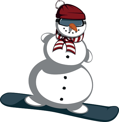 Mr. Snowman is sliding on snowboard.