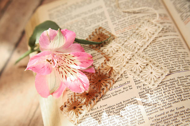 istock Easter. Flowers and cross on open Bible. 506252634