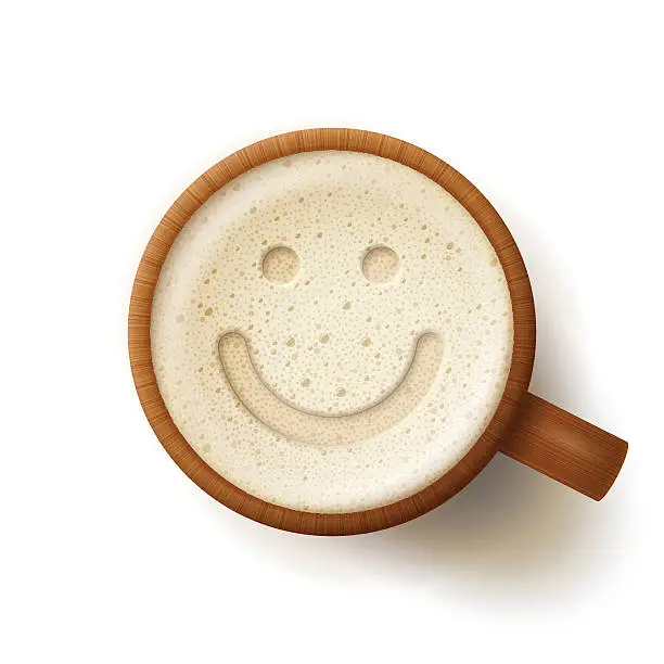 Vector illustration of Wooden mug with frothy drink and smiling face