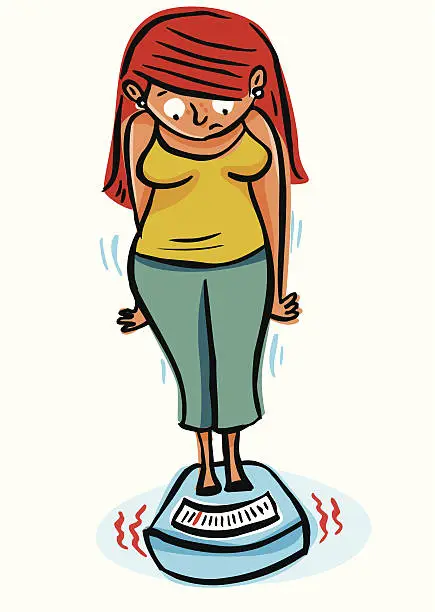 Vector illustration of Fat woman watching her weight on a scale before dieting