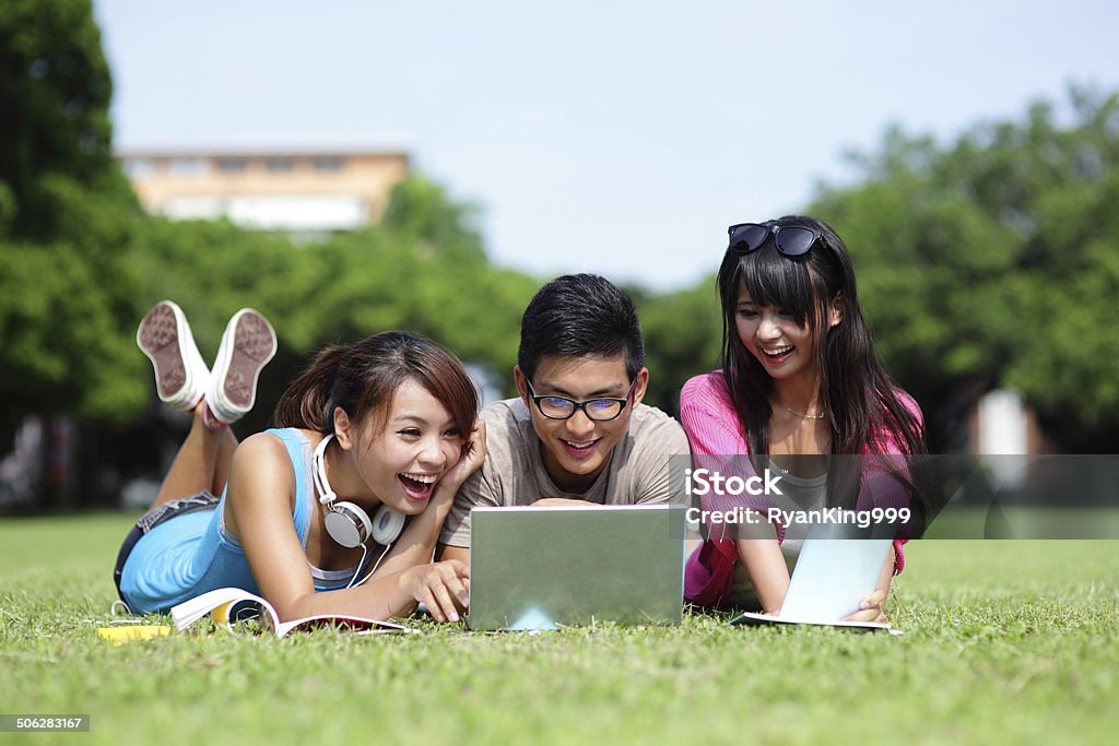 Happy College students using computer Happy College students using laptop and tablet pc on campus lawn, asian Adult Stock Photo