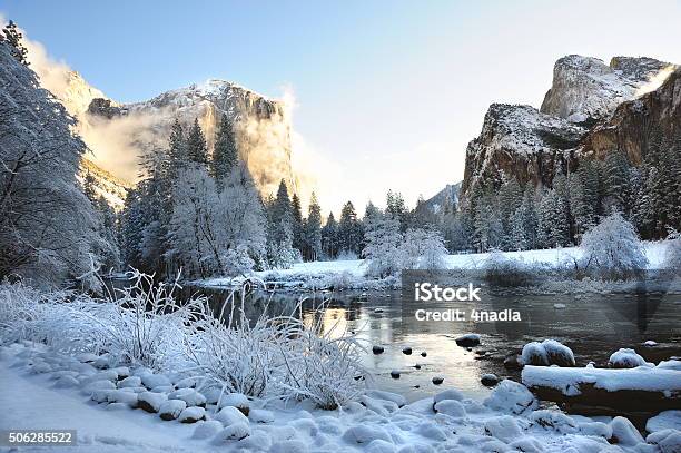 Yosemite Valley After A Fresh Snow Stock Photo - Download Image Now - Mountain, Yosemite National Park, River