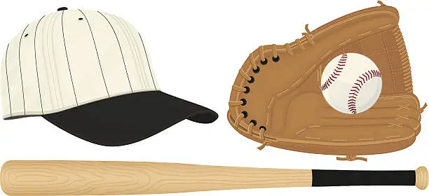 Vector illustration of Bat, glove, baseball and hat