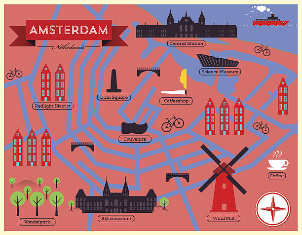 stadtplan illustration von amsterdam.  vektor-stadtplan symbole sehenswürdigkeiten und. - waterdam stock-grafiken, -clipart, -cartoons und -symbole