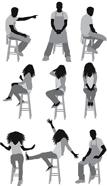 illustrazioni stock, clip art, cartoni animati e icone di tendenza di persone seduto su sgabello - woman with arms raised back view