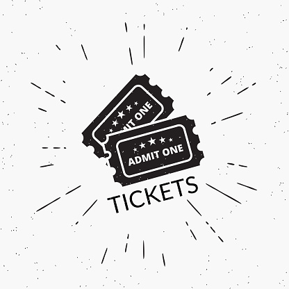 Retro grunge illustration of two black tickets. Hipster style icon with sunburst isolated on white background.