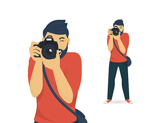 ilustrações, clipart, desenhos animados e ícones de feliz fotógrafo está tirando uma foto - photographer