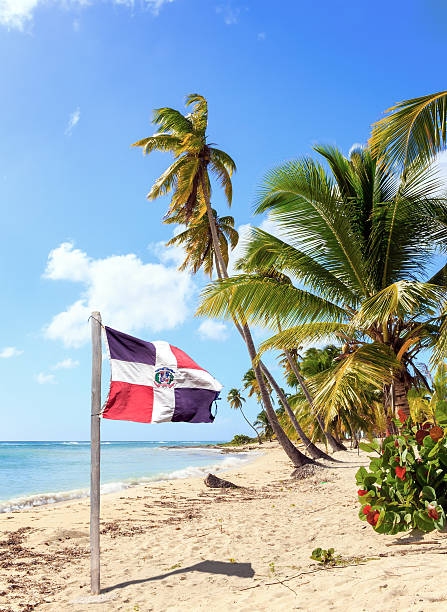 Spiaggia caraibica e bandiera della Repubblica Dominicana - foto stock