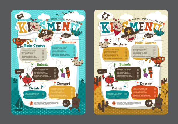 menu Cute colorful kids meal menu vector template with pirate cartoon and cowboy cartoon chef borders stock illustrations