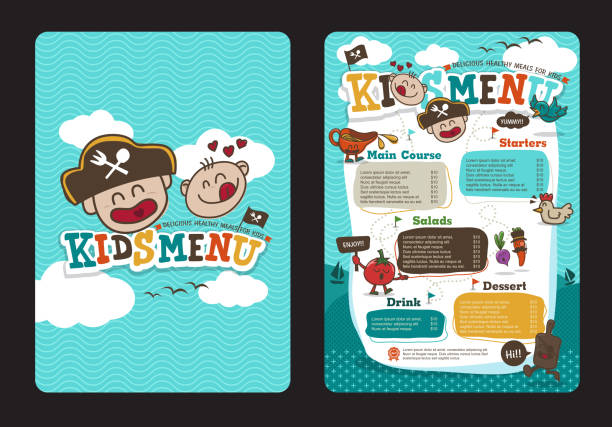 menu Cute colorful kids meal menu vector template with pirate cartoon chef borders stock illustrations