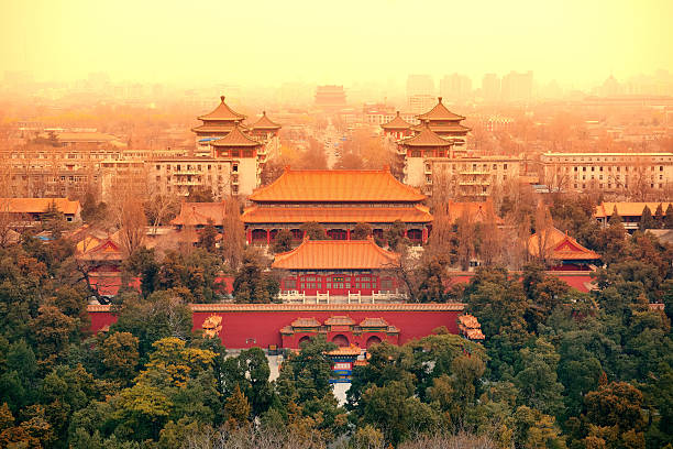 Aerial View of Beijing Aerial view of Beijing with historical architecture, China. forbidden city stock pictures, royalty-free photos & images