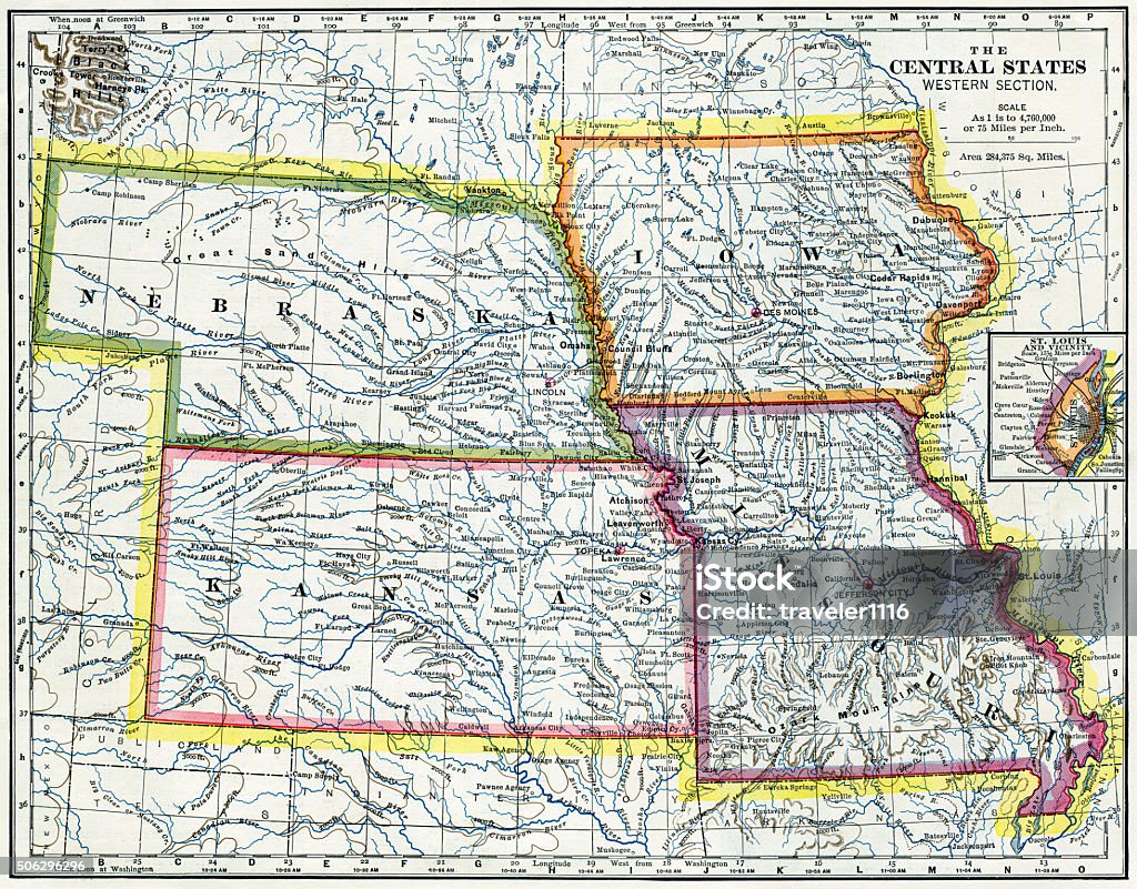 Nebraska, Iowa, Kansas, Missouri Map 1883 Map of the Central States of the US including Nebraska, Iowa, Kansas, and Missouri from 1883. Map Stock Photo