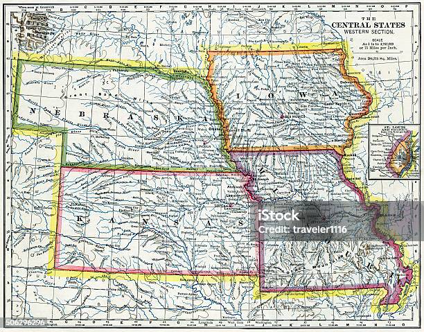 Nebraska Iowa Kansas Missouri Map 1883 Stock Photo - Download Image Now - Map, Iowa, Kansas