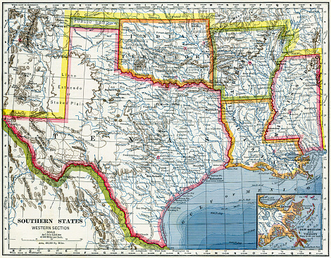Map of the Southern States including Texas, Louisiana, Mississippi, Arkansas, and the Indian Territory.