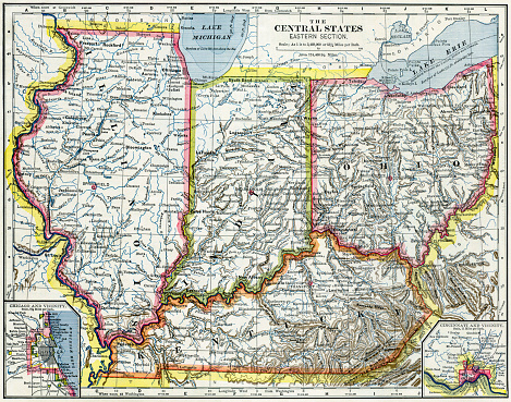 Map of Illinois, Indiana, Ohio, and Kentucky from 1883.