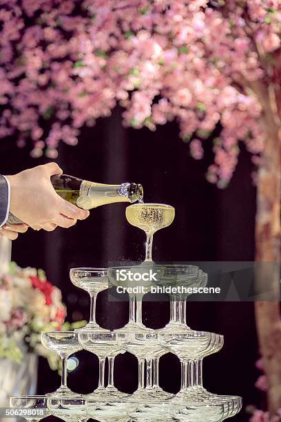 Champagne Poured On The Top Of Champagne Tower Stock Photo - Download Image Now - Champagne, Tower, Champagne Pyramid
