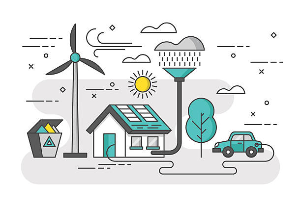 Ecology concept with eco friendy house and green energy. Ecology concept with eco friendy house and green energy. Modern thin line vector illustration wind turbine illustrations stock illustrations