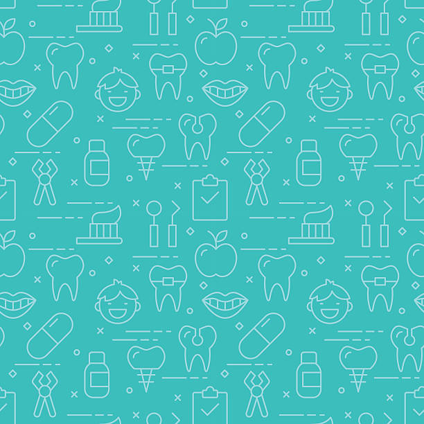 illustrations, cliparts, dessins animés et icônes de icônes mince ligne moderne motif sans couture de soins dentaires - hygiene dental hygiene human teeth child